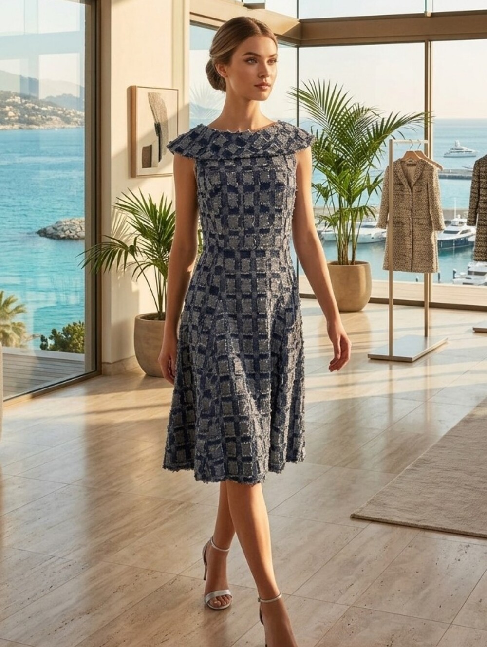 476 NWT Eva Mendes x NY&Co Blue Tweed Fringed Fit & Flare Midi Dress Size 2